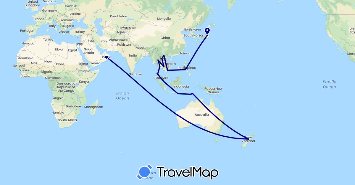 TravelMap itinerary: driving in Indonesia, Japan, Cambodia, Laos, New Zealand, Oman, Philippines, Singapore, Thailand, East Timor, Vietnam (Asia, Oceania)